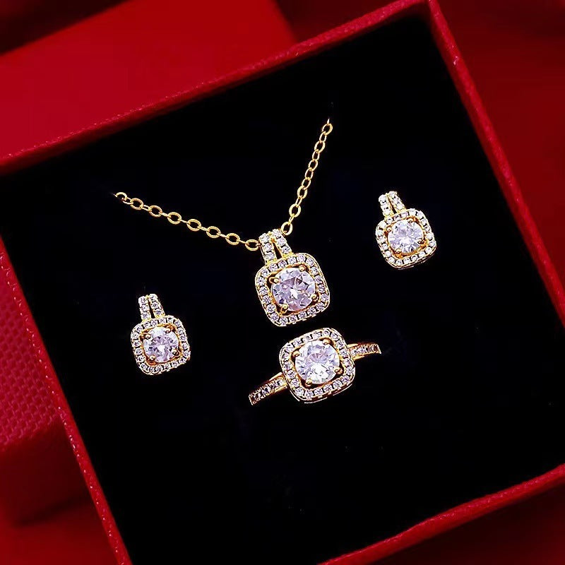 Noxypera Set Zircon Gem Pendant Chain Choker Necklace Gold Color Stud Earring Statement Wedding Ring