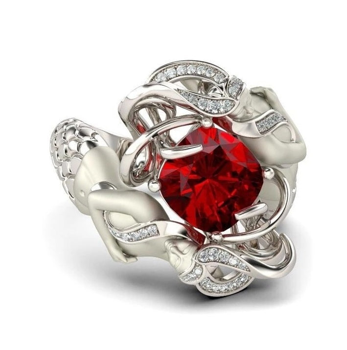 Noxypera 925 Sterling Silver Mermaid Cushion-Cut Red Natural Ruby Gemstone Wedding Ring