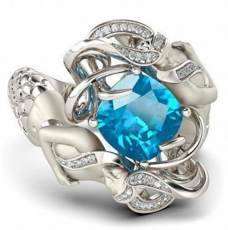 Noxypera 925 Sterling Silver Mermaid Cushion-Cut Red Natural Ruby Gemstone Wedding Ring