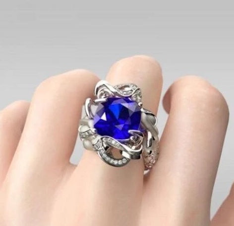Noxypera 925 Sterling Silver Mermaid Cushion-Cut Red Natural Ruby Gemstone Wedding Ring
