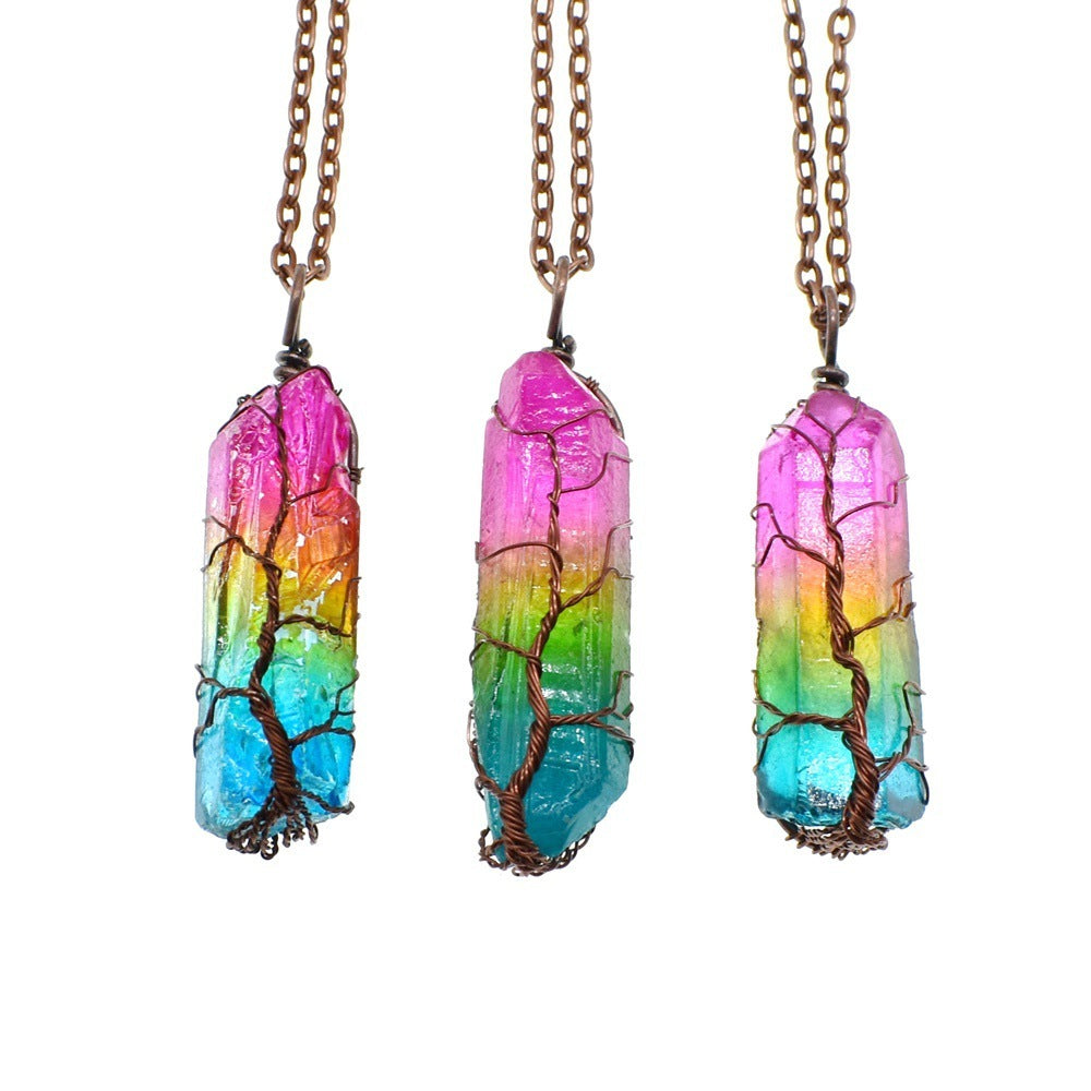 Noxypera Stone Crystal Pillar Tree Of Life Pendant Necklace