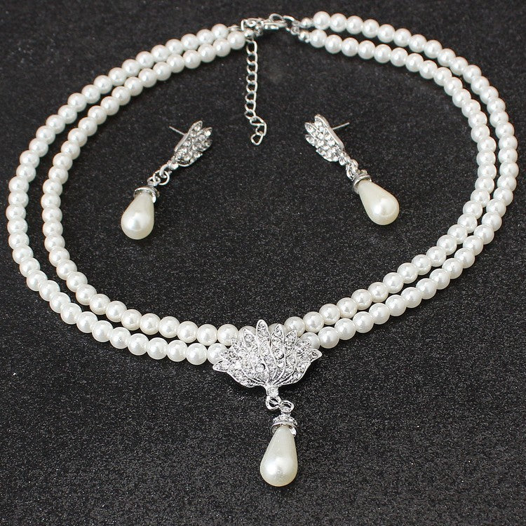 Noxypera Bride Pearl Crystal With Short Collarbone Necklace Earrings Set
