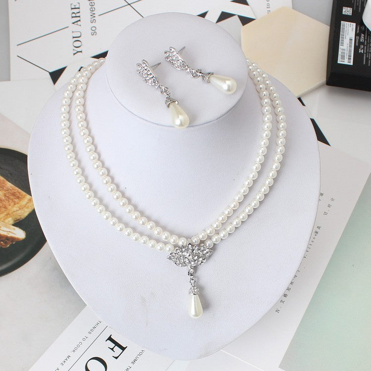 Noxypera Bride Pearl Crystal With Short Collarbone Necklace Earrings Set