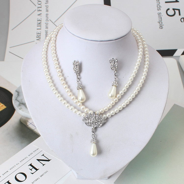 Noxypera Bride Pearl Crystal With Short Collarbone Necklace Earrings Set