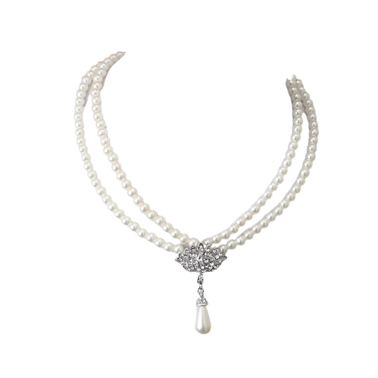 Noxypera Bride Pearl Crystal With Short Collarbone Necklace Earrings Set
