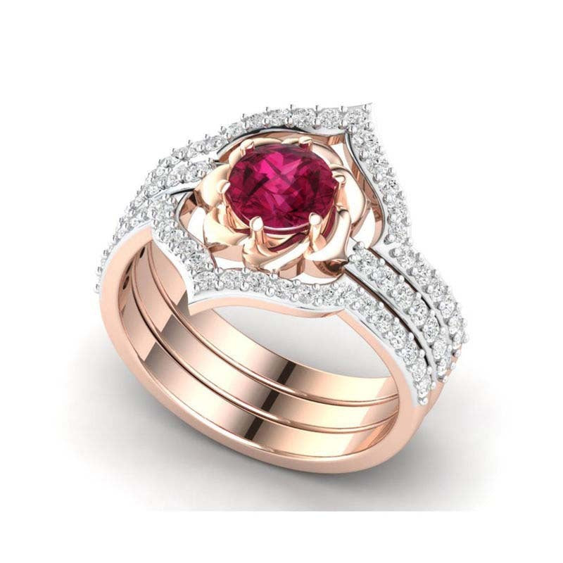 Noxypera Rose Gold Ruby Flower With Diamond Ring