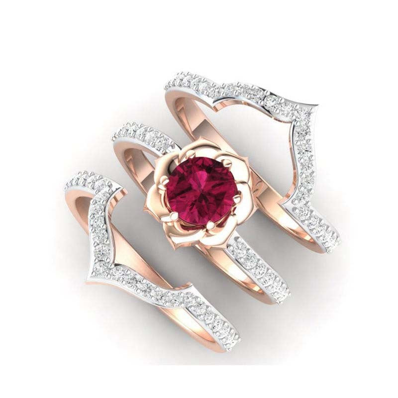 Noxypera Rose Gold Ruby Flower With Diamond Ring