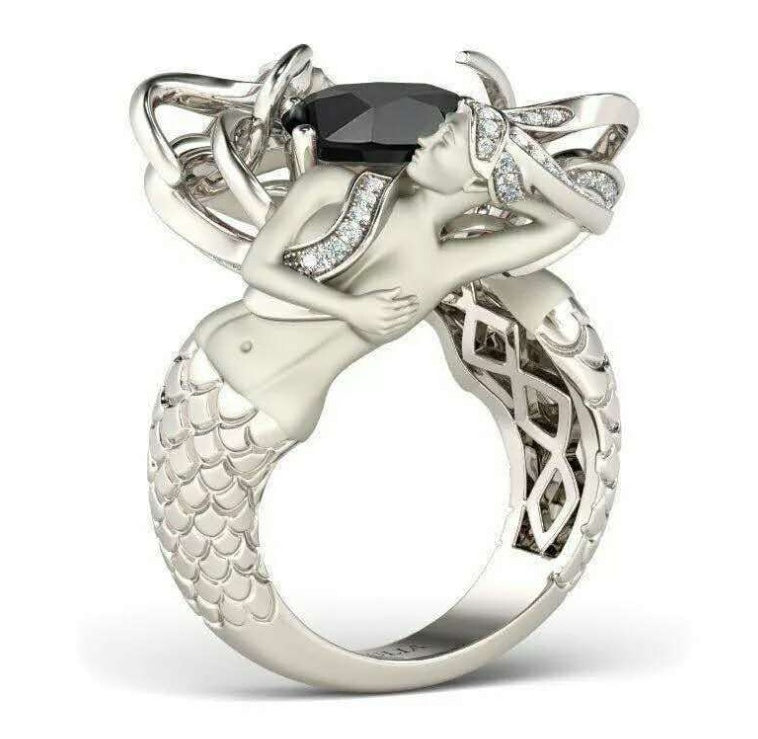 Noxypera 925 Sterling Silver Mermaid Cushion-Cut Red Natural Ruby Gemstone Wedding Ring