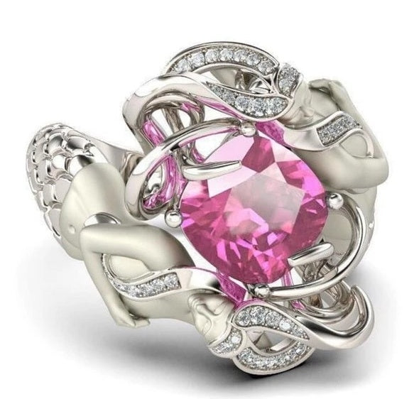 Noxypera 925 Sterling Silver Mermaid Cushion-Cut Red Natural Ruby Gemstone Wedding Ring