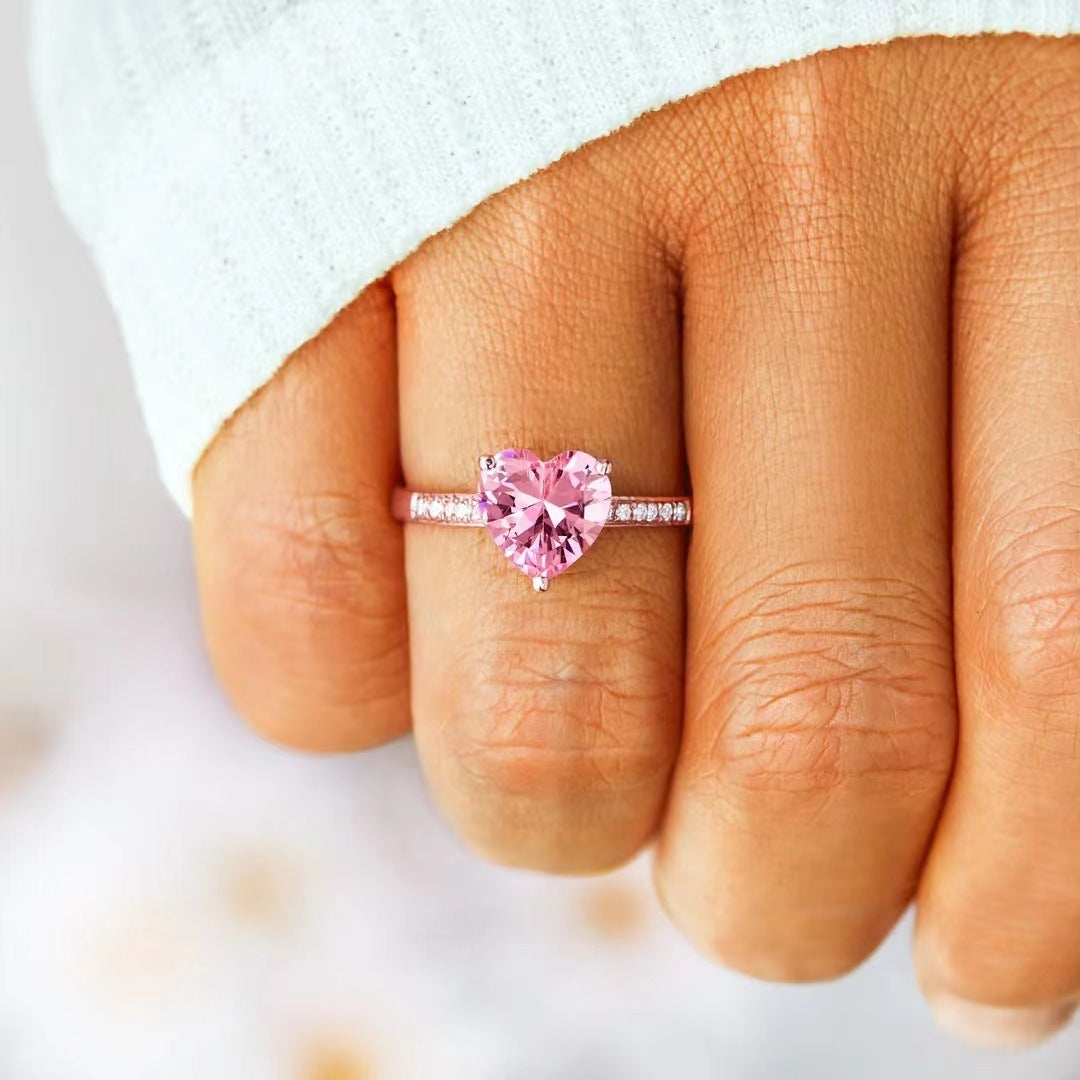 Noxypera S925 Sterling Silver Pink Heart Love Ring