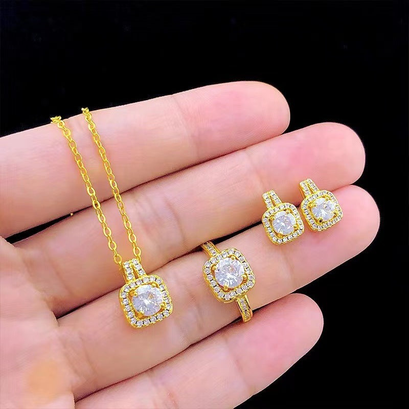 Noxypera Set Zircon Gem Pendant Chain Choker Necklace Gold Color Stud Earring Statement Wedding Ring