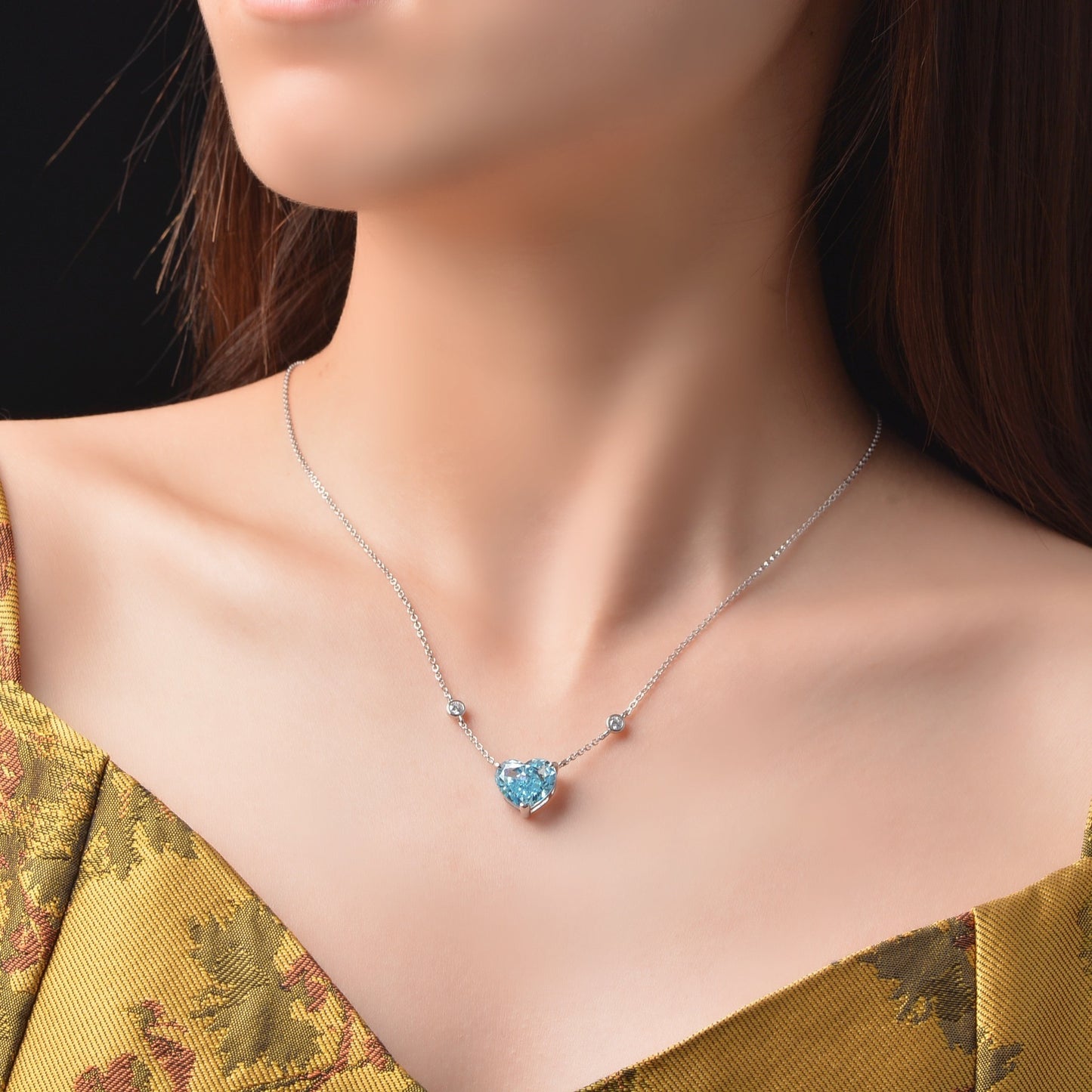 Noxypera S925 Sterling Silver Zircon Ocean Blue Heart-Shaped Necklace