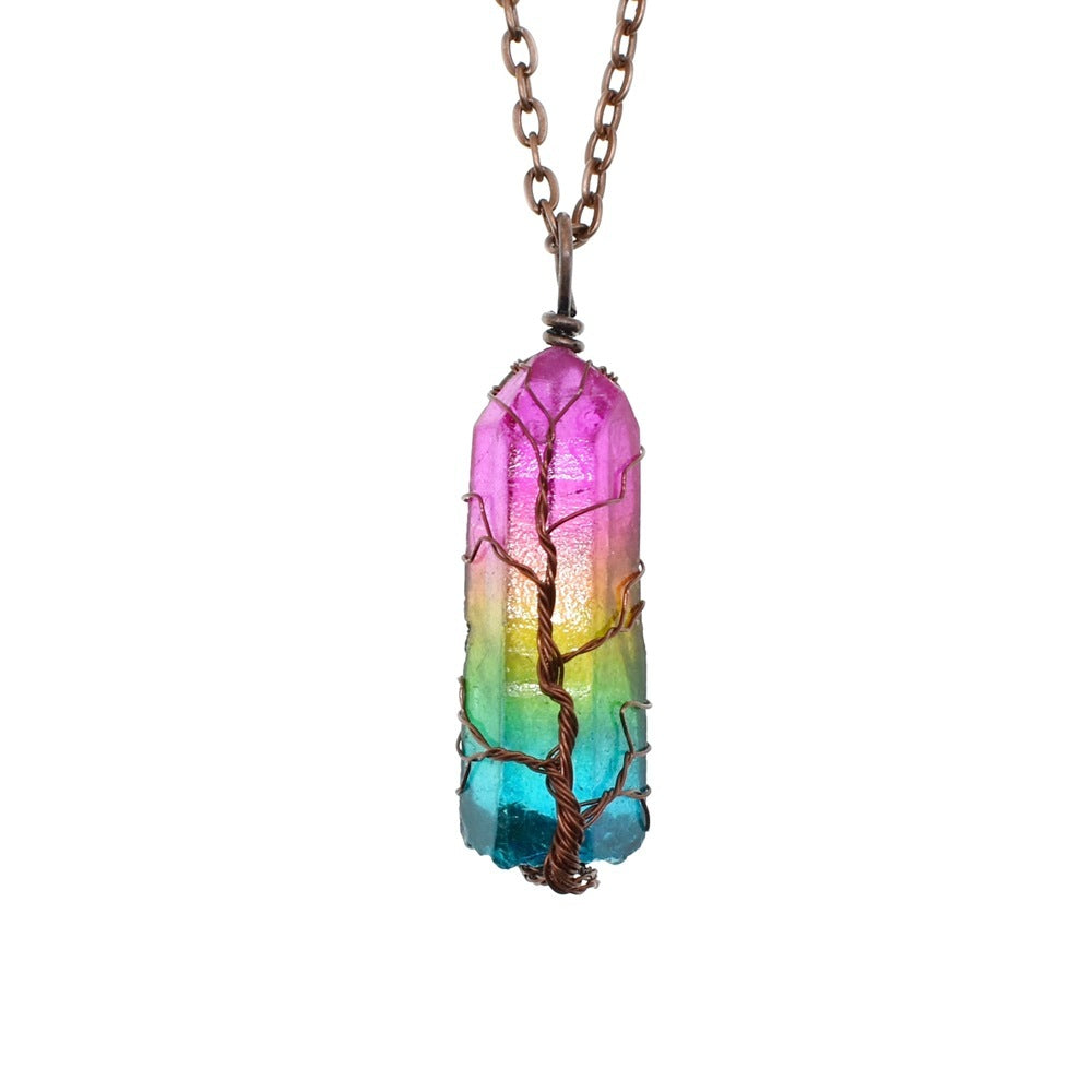 Noxypera Stone Crystal Pillar Tree Of Life Pendant Necklace