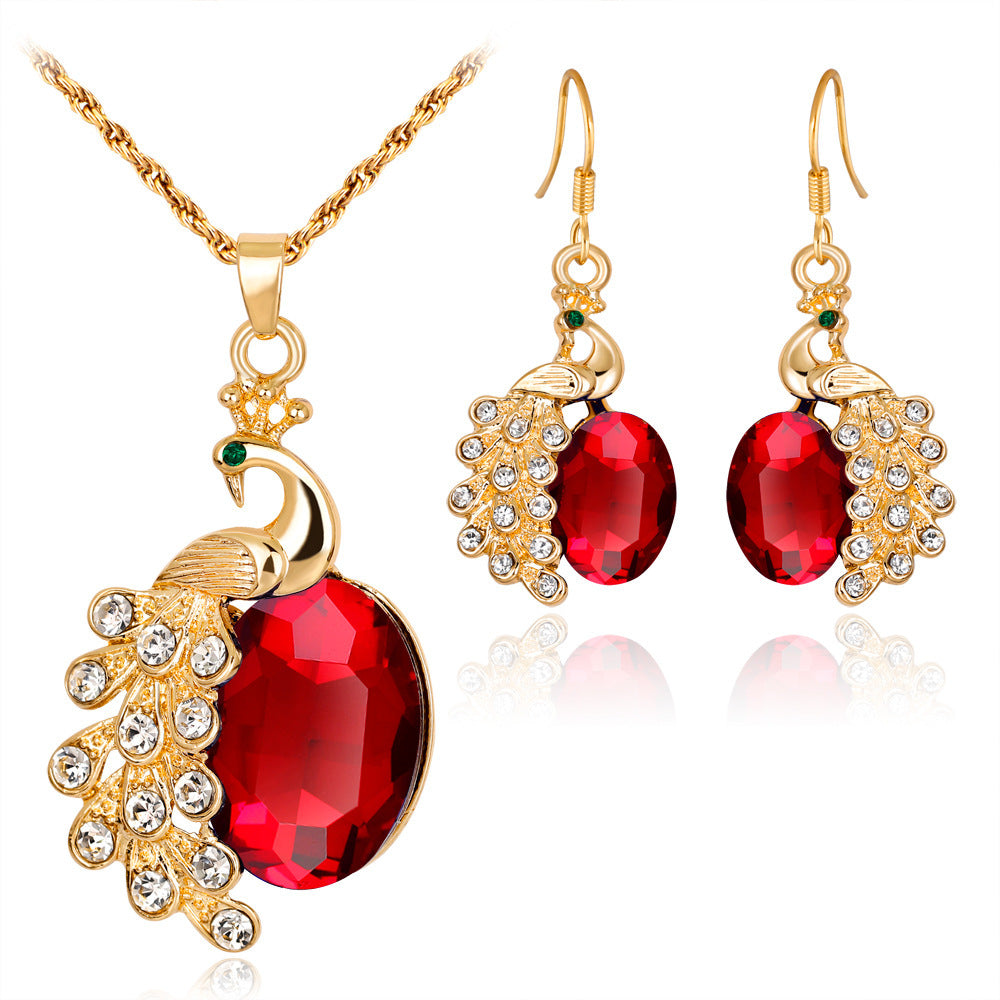 Noxypera Peacock Rhinestone Necklace Earrings