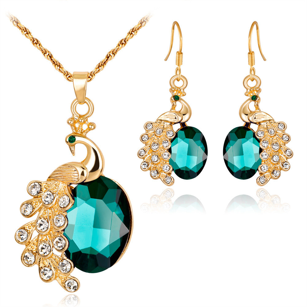 Noxypera Peacock Rhinestone Necklace Earrings