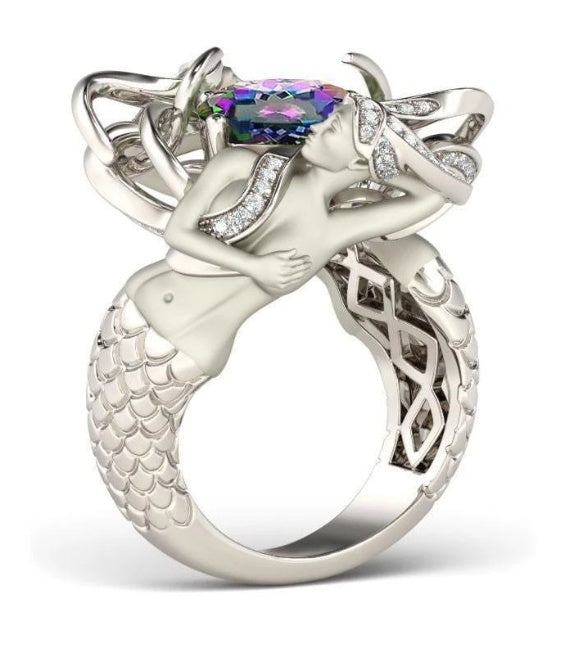 Noxypera 925 Sterling Silver Mermaid Cushion-Cut Red Natural Ruby Gemstone Wedding Ring