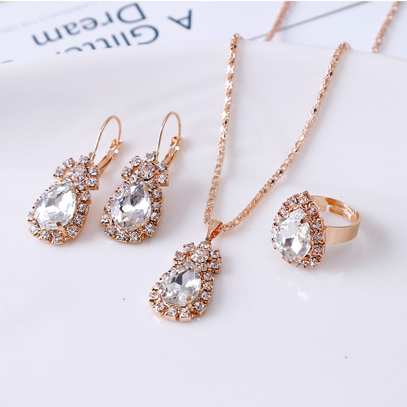 Noxypera Water Drop Rhinestone Necklace Earrings Ring Set