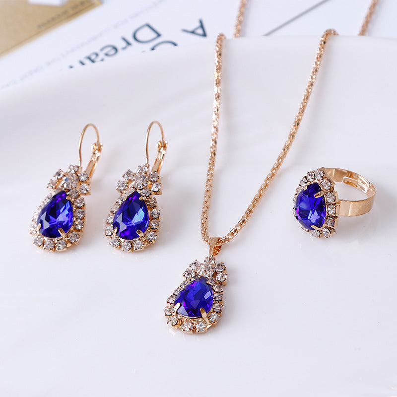 Noxypera Water Drop Rhinestone Necklace Earrings Ring Set