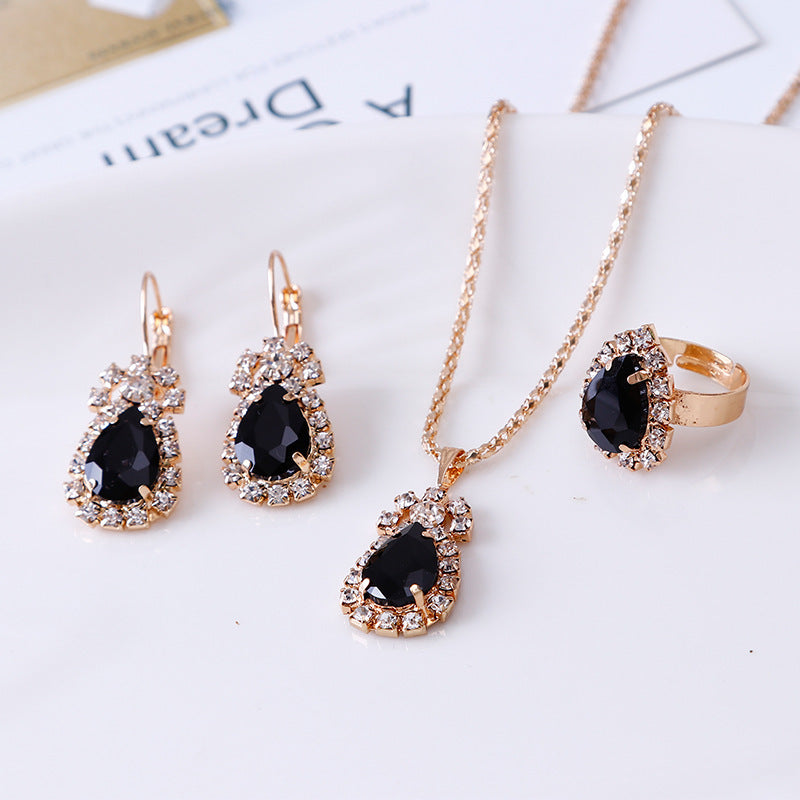 Noxypera Water Drop Rhinestone Necklace Earrings Ring Set