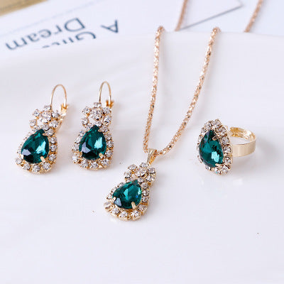 Noxypera Water Drop Rhinestone Necklace Earrings Ring Set