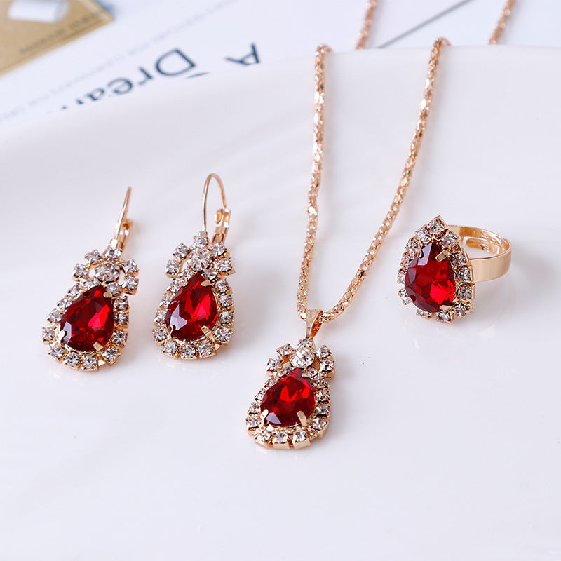 Noxypera Water Drop Rhinestone Necklace Earrings Ring Set