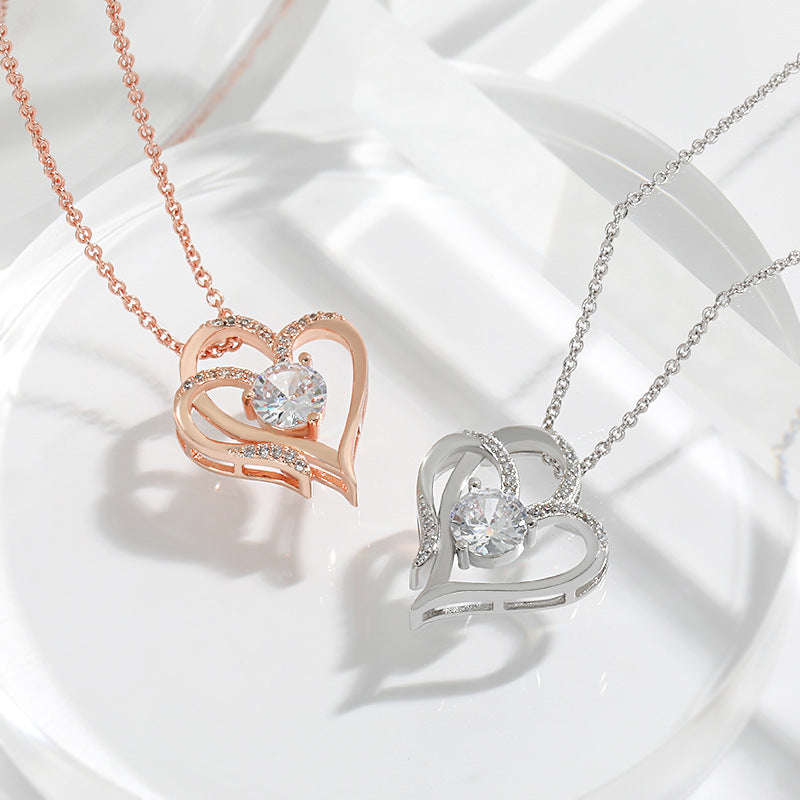 Noxypera Zircon Double Love Necklace With Rhinestones
