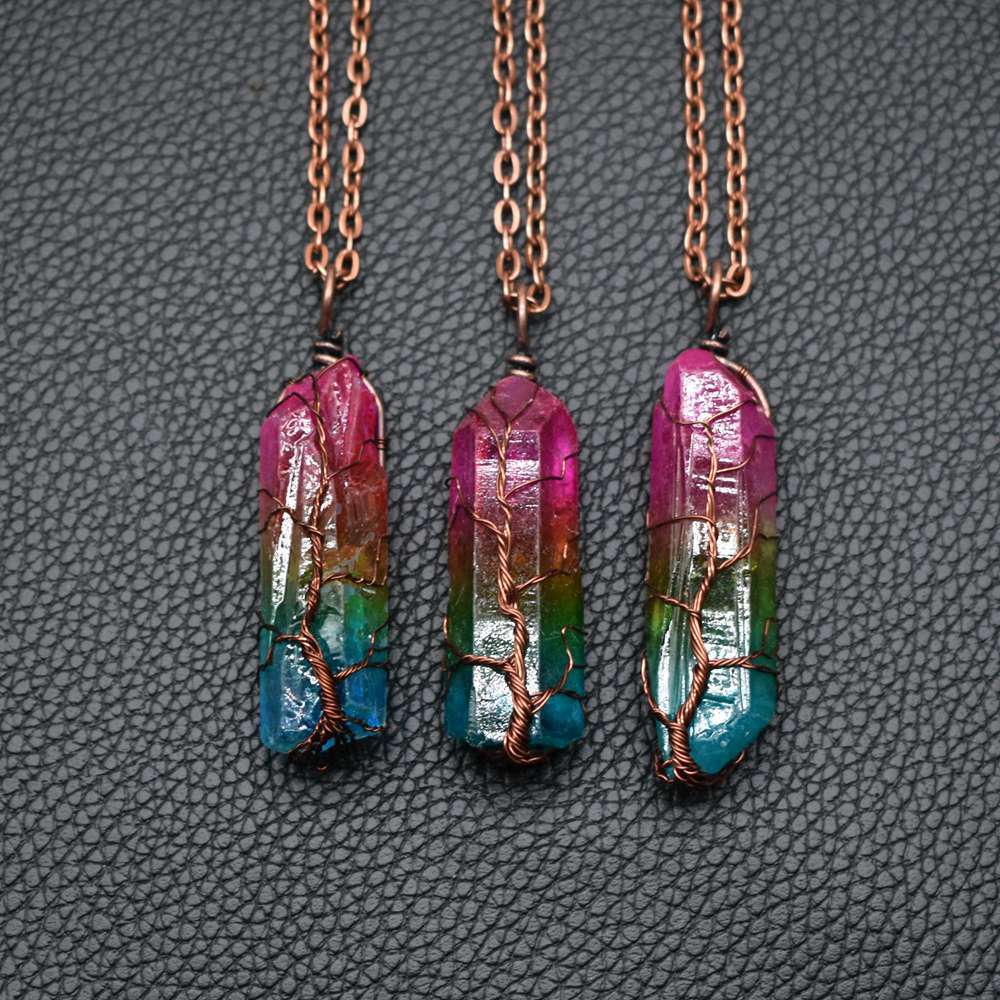 Noxypera Stone Crystal Pillar Tree Of Life Pendant Necklace