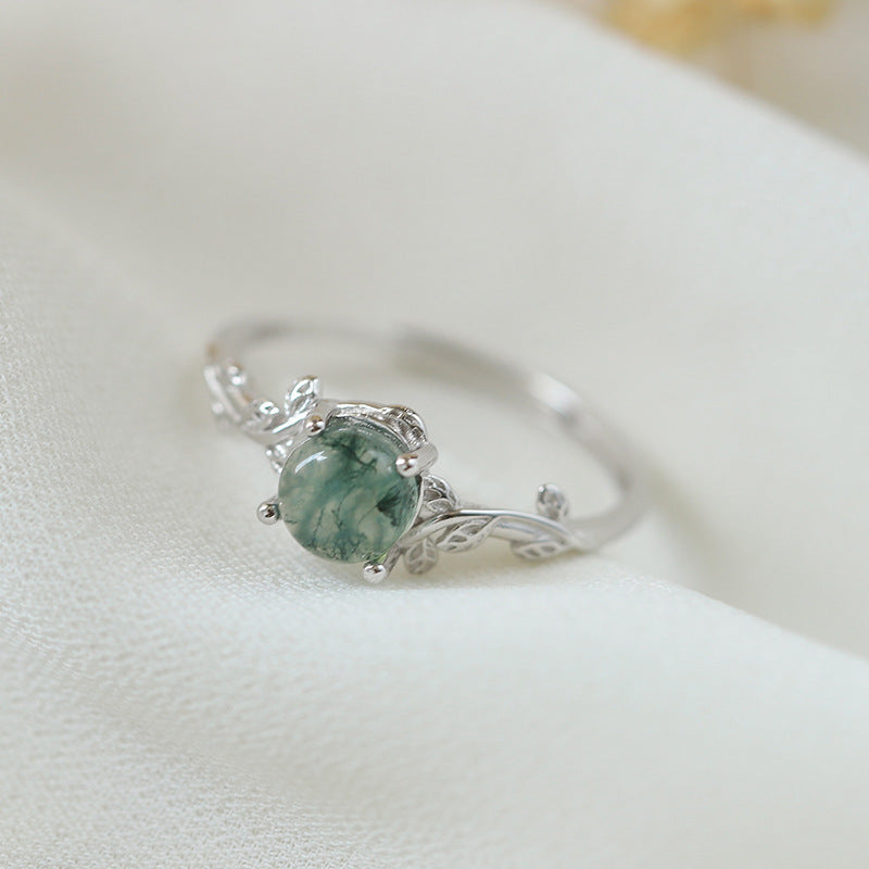 Noxypera S925 Silver Green Moss Agate Stone Ring