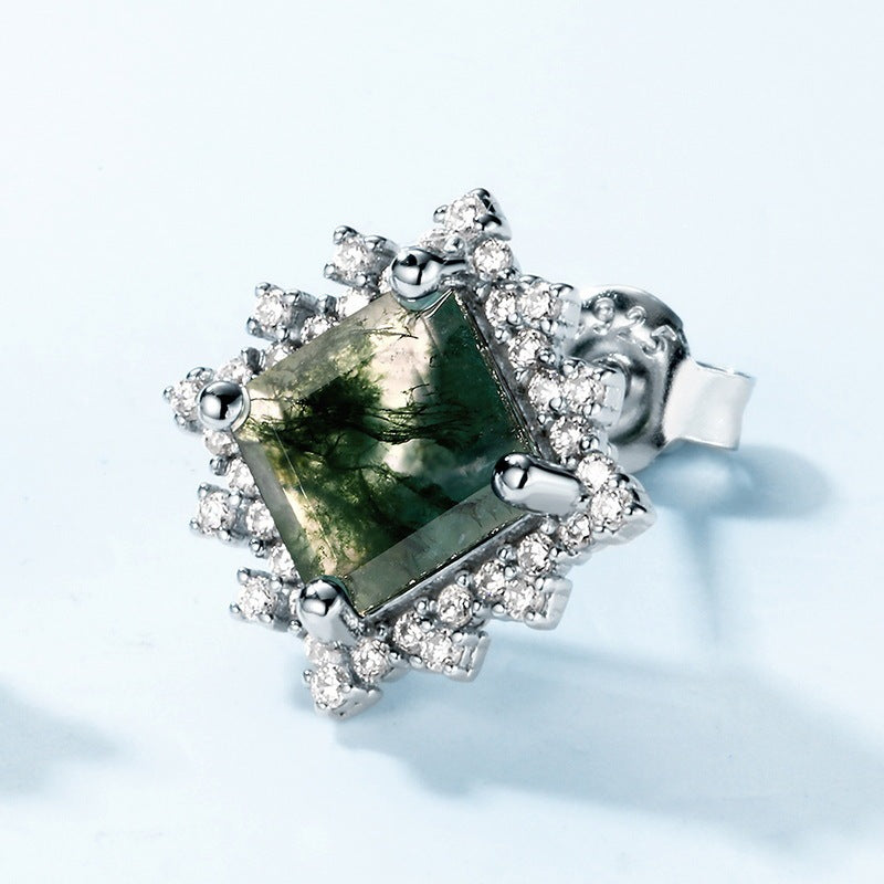 Noxypera Light Luxury Green Moss Square Agate Stud Earrings