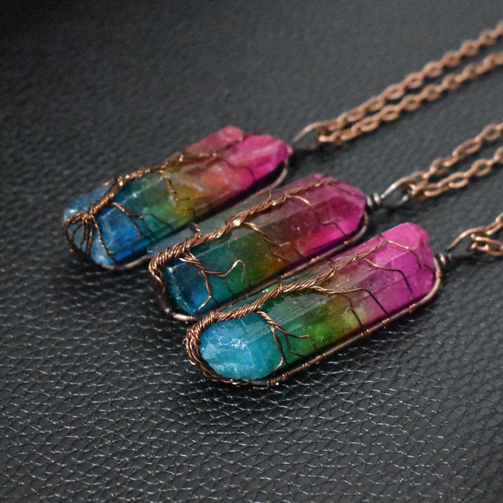 Noxypera Stone Crystal Pillar Tree Of Life Pendant Necklace