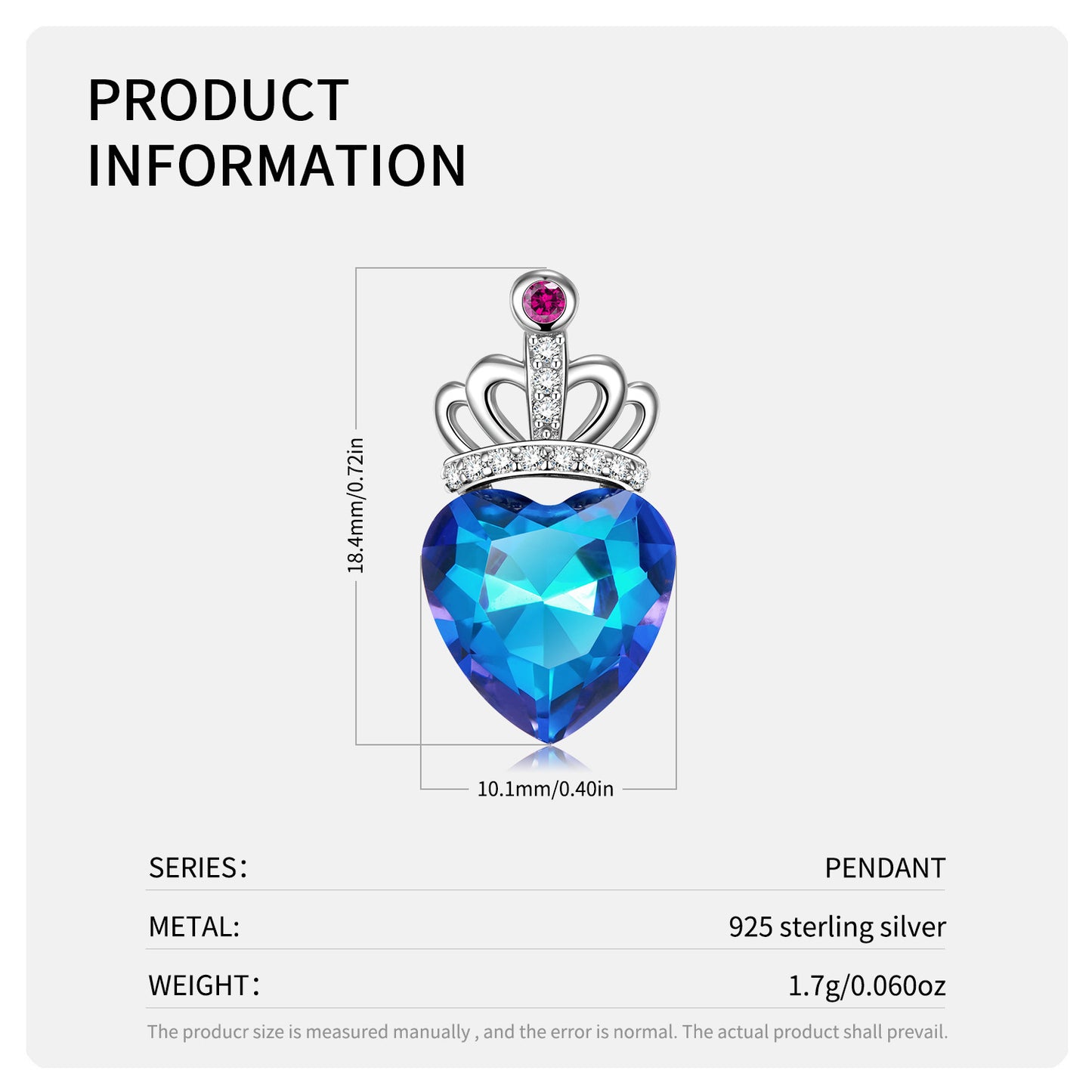 Noxypera S925 Sterling Silver Blue Light Peach Heart Crown Necklace