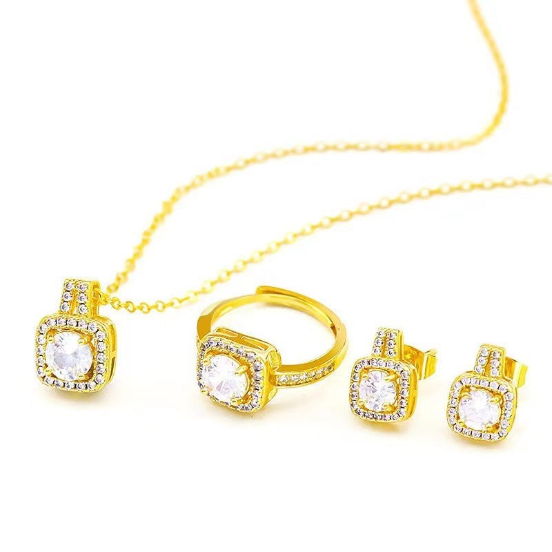 Noxypera Set Zircon Gem Pendant Chain Choker Necklace Gold Color Stud Earring Statement Wedding Ring