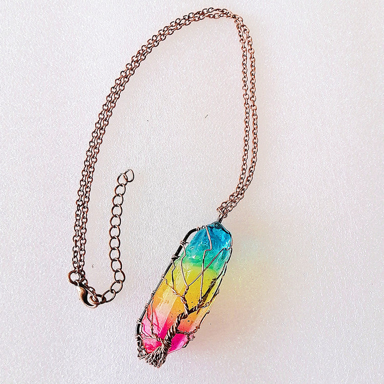 Noxypera Stone Crystal Pillar Tree Of Life Pendant Necklace