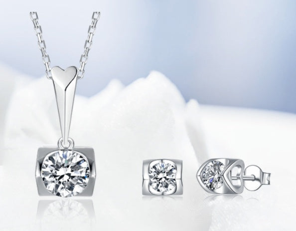 Noxypera 925 Sterling Silver Inlaid Moissanite Stud Necklace Earrings Set
