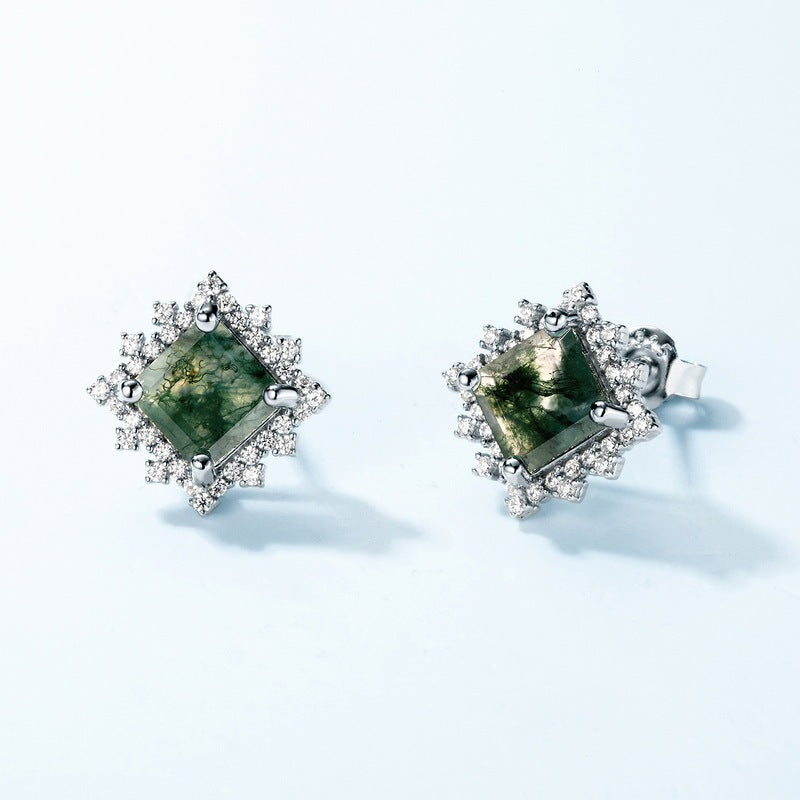 Noxypera Light Luxury Green Moss Square Agate Stud Earrings