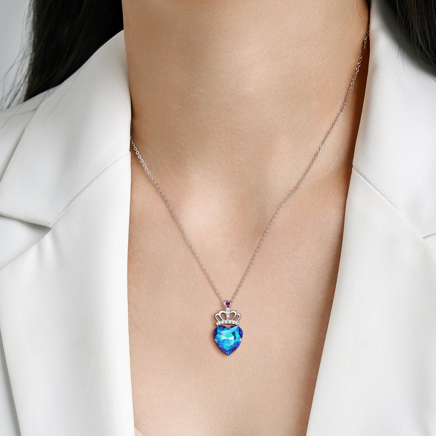 Noxypera S925 Sterling Silver Blue Light Peach Heart Crown Necklace