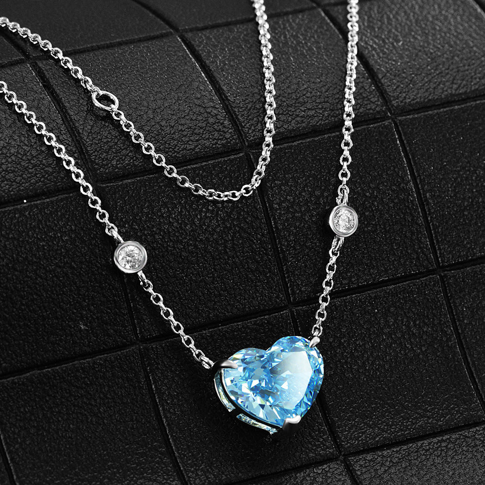 Noxypera S925 Sterling Silver Zircon Ocean Blue Heart-Shaped Necklace