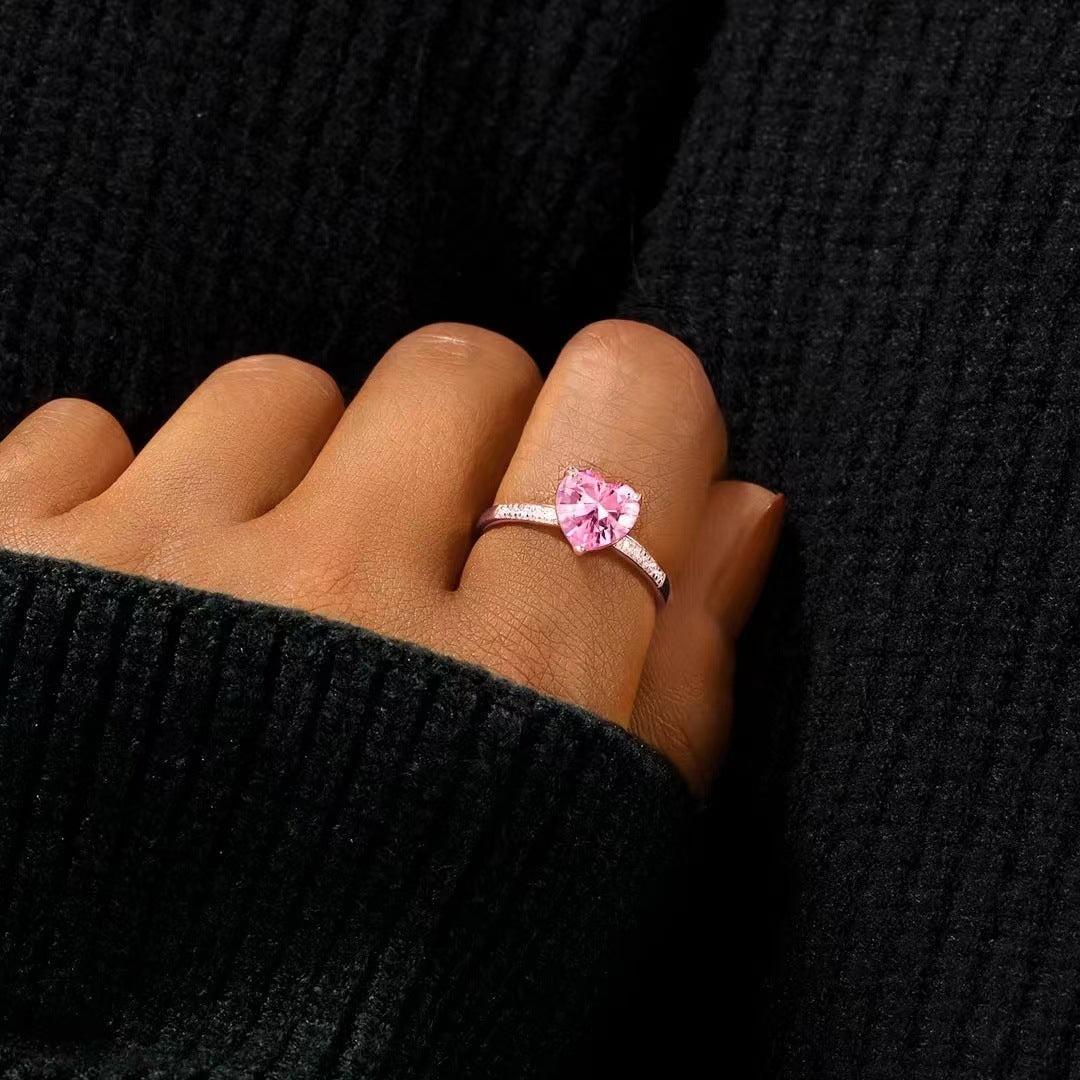 Noxypera S925 Sterling Silver Pink Heart Love Ring