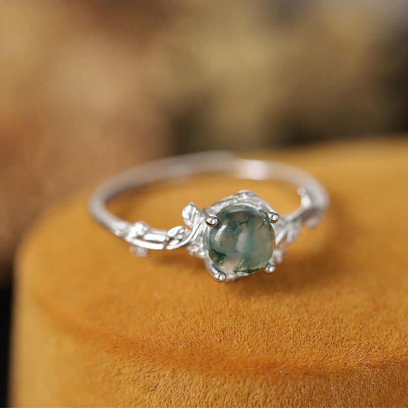 Noxypera S925 Silver Green Moss Agate Stone Ring