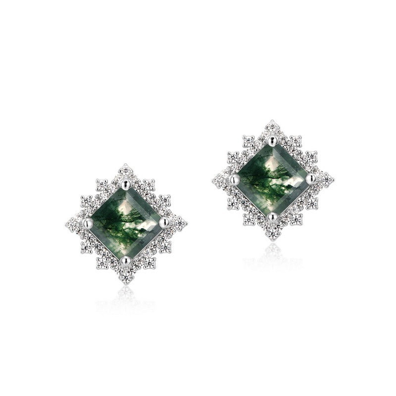 Noxypera Light Luxury Green Moss Square Agate Stud Earrings