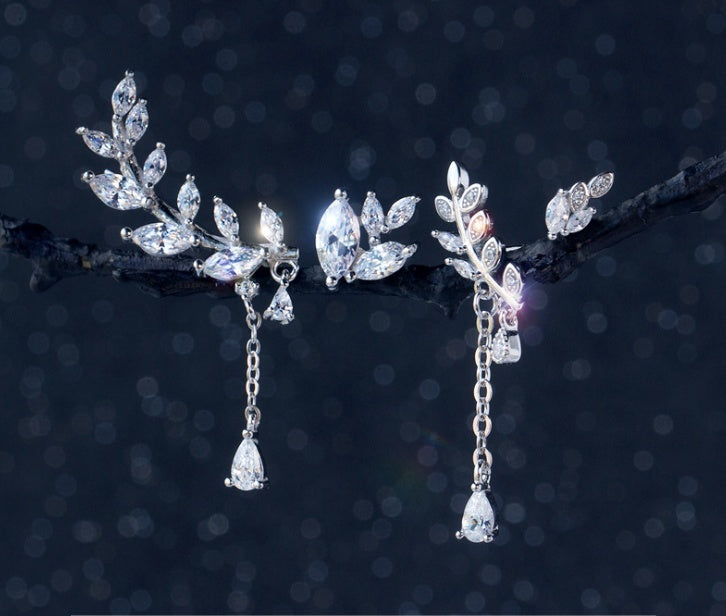 Noxypera 925 Silver Diamond Leaves Earrings