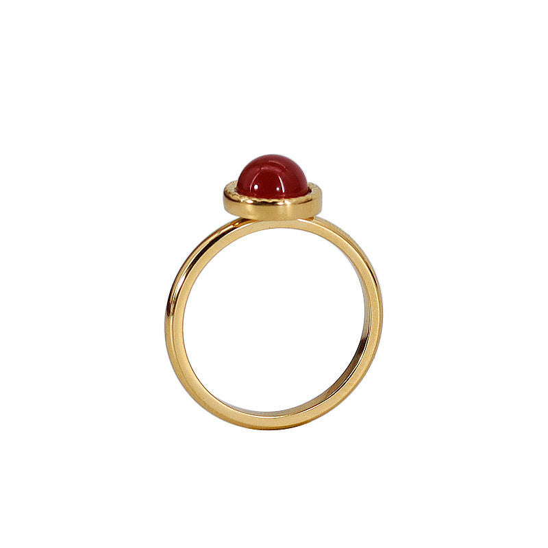 Noxypera Natural Stone Inlaid Titanium Steel 18K Gold Plating Red Black Agate Ring