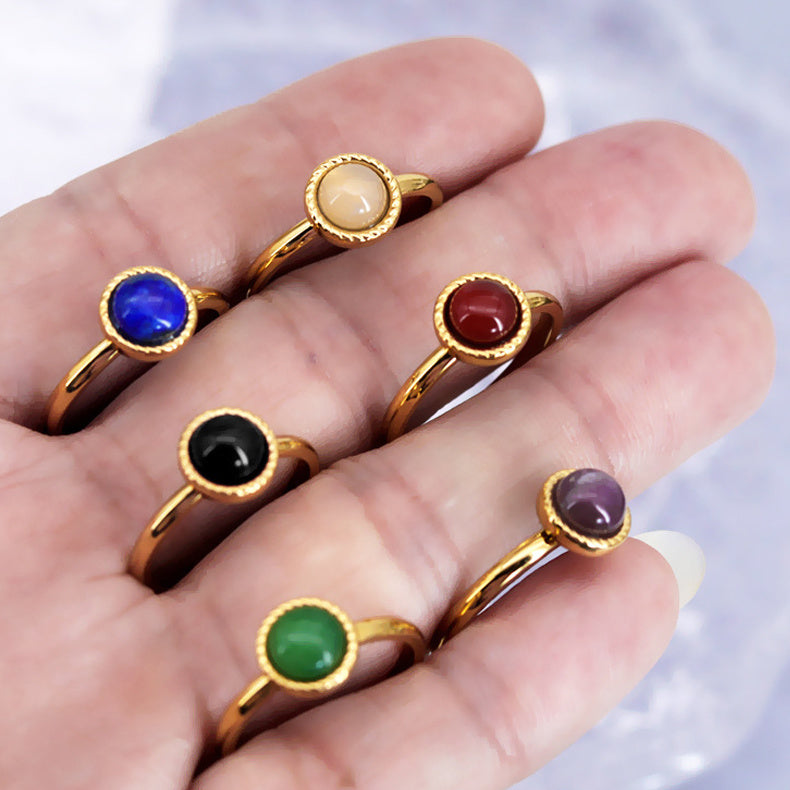 Noxypera Natural Stone Inlaid Titanium Steel 18K Gold Plating Red Black Agate Ring