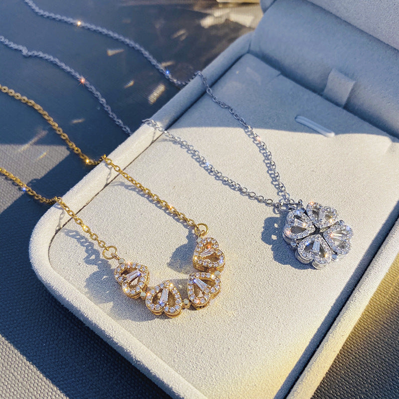 Noxypera Magnetic Folding Heart Shaped Four Leaf Clover Pendant Necklace