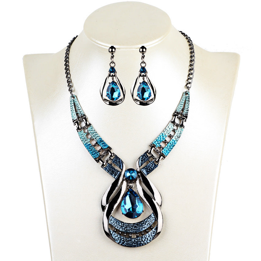 Noxypera Jewellery Suit, Exotic, Antique, Oil Blue, Blue Jewel Necklace, Water Drop Suit Earring Clavicle Chain