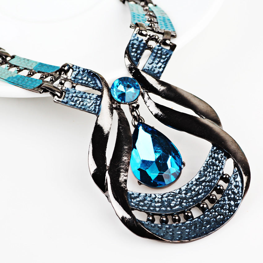Noxypera Jewellery Suit, Exotic, Antique, Oil Blue, Blue Jewel Necklace, Water Drop Suit Earring Clavicle Chain