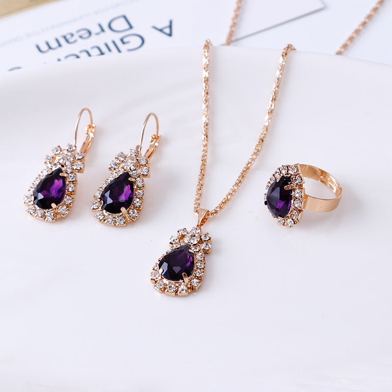 Noxypera Water Drop Rhinestone Necklace Earrings Ring Set