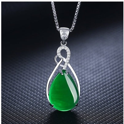 925 Silver Green  Emerald Chalcedony Pendant Necklace