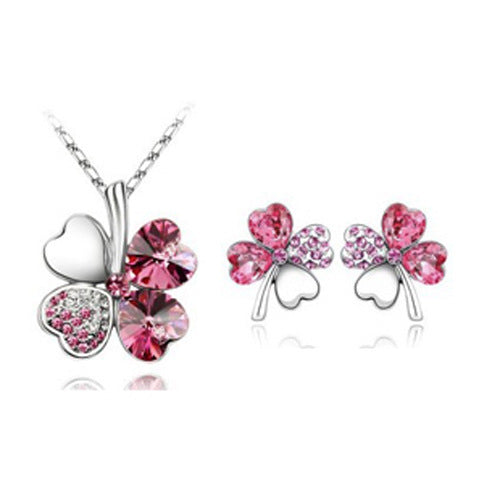 Noxypera Four-Leaf Crystal Necklace Earrings Set