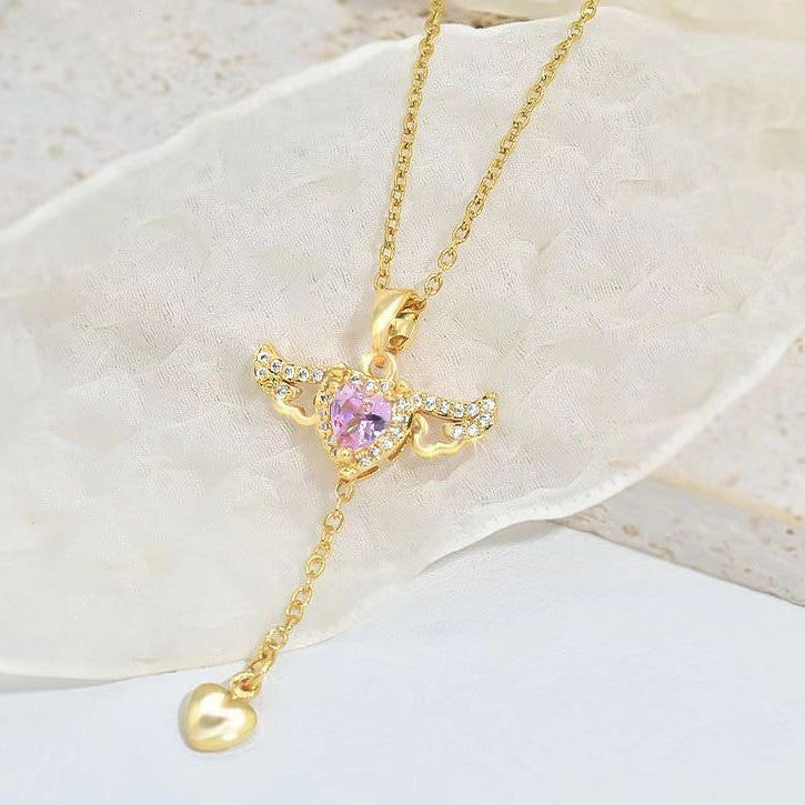 Noxypera Cupid Heart Angel Wings Tassel Necklace With Crystal Clavicle Chain